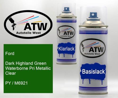 Ford, Dark Highland Green Waterborne Pri Metallic Clear, PY / M6921: 400ml Sprühdose + 400ml Klarlack - Set, von ATW Autoteile West.